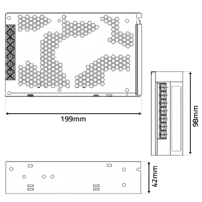 Desenho técnico de componente eletrónico com medidas 199x93x42 mm e padrão hexagonal.