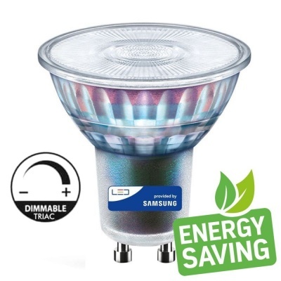 Lâmpada LED GU10 com lente clara e etiquetas ENERGY SAVING e SAMSUNG