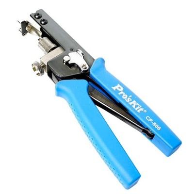 Alicate descascador de fios com punhos azuis e corpo metálico preto