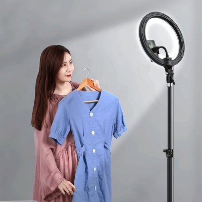 Mulher segura vestido azul perante fundo cinza com ring light