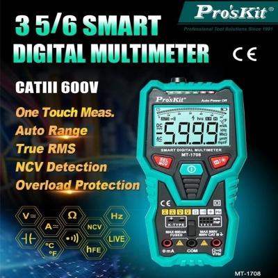 Multímetro digital Pro'sKit MT-1708 azul-turquesa com ecrã LCD mostrando leitura e várias funcionalidades impressas