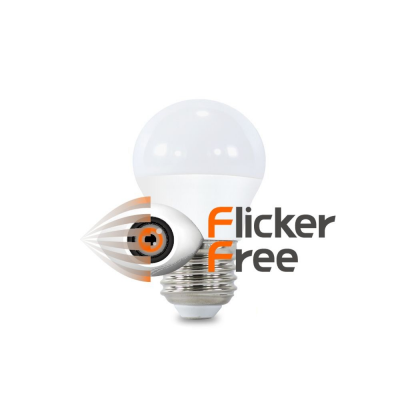 Lâmpada LED branca com base metálica prateada com texto 'Flicker Free'