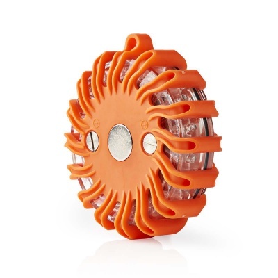 Dispositivo circular laranja com partes transparentes e parafusos, sobre fundo branco