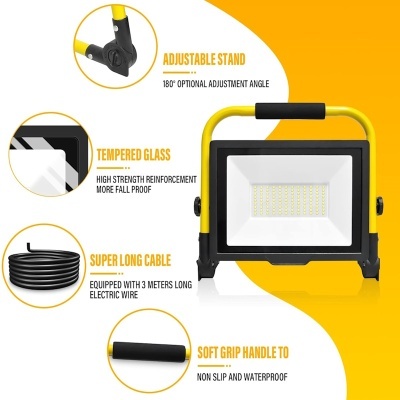 Refletor LED portátil preto e amarelo com suporte ajustável, vidro temperado e cabo de 3 metros.