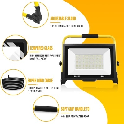 Refletor LED preto e amarelo com vidro temperado e cabo longo