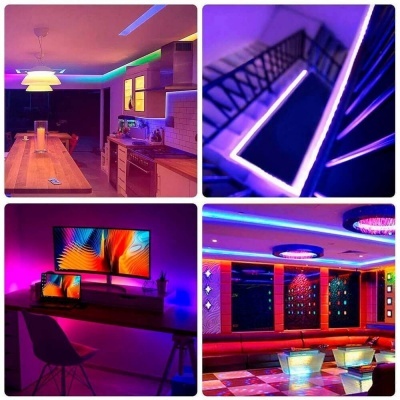 Interiores com iluminação LED colorida rosa, roxa e azul, incluindo cozinha, escada, escritório e sala lounge moderna.