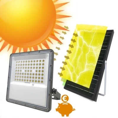Painel solar e lâmpada LED com ícone de economia e sol ilustrado