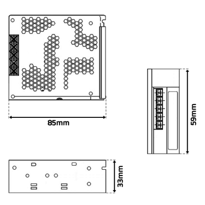 Desenho técnico de equipamento eletrónico com ventilação hexagonal e conectores pretos