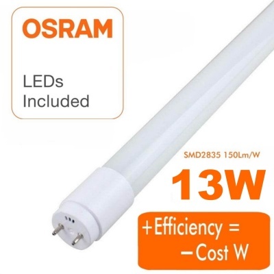 Lâmpada LED tubular branca da OSRAM com base de dois pinos e texto técnico visível.