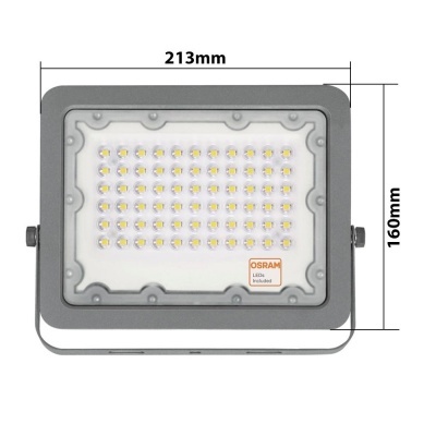 Projetor LED cinza com 48 LEDs e dimensões indicadas