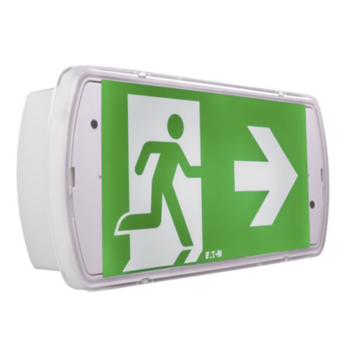 Placa de sinalização de emergência luminosa verde com figura branca e seta apontando à direita