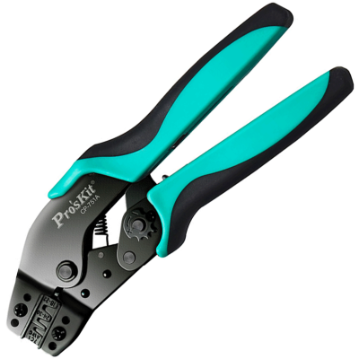 Alicate de crimpar Pro'sKit com punhos azul turquesa e preto