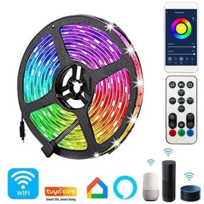 Rolo de fita LED colorida com comando remoto e controlo por smartphone
