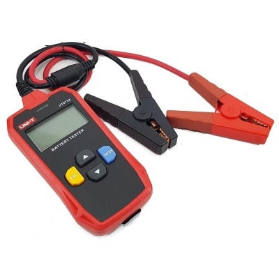 Tester para bateria digital com garras vermelhas e pretas