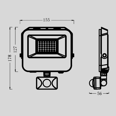 Desenho técnico de um projetor LED com dimensões em mm