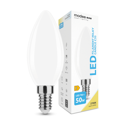 Lâmpada LED tipo vela branca leitoso com embalagem ao lado