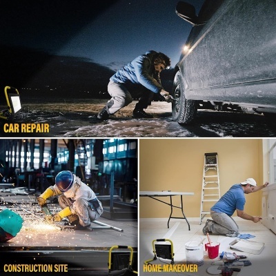 Colagem de imagens mostrando reparação de carro, trabalho de soldagem e pintura doméstica em ambientes distintos