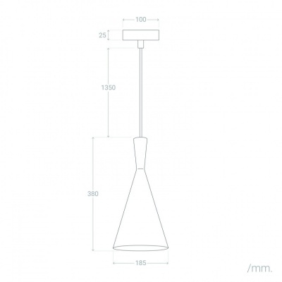 Desenho técnico de candeeiro suspenso com medidas em milímetros.
