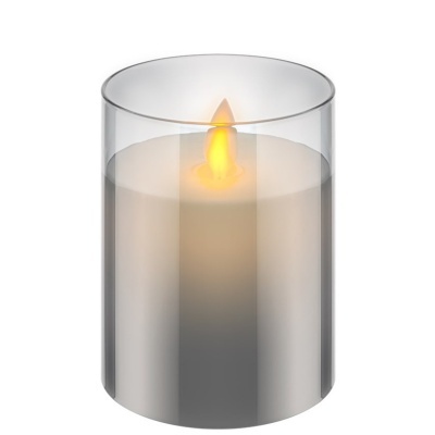 Vela branca decorativa com chama elétrica dentro de suporte de vidro cilíndrico