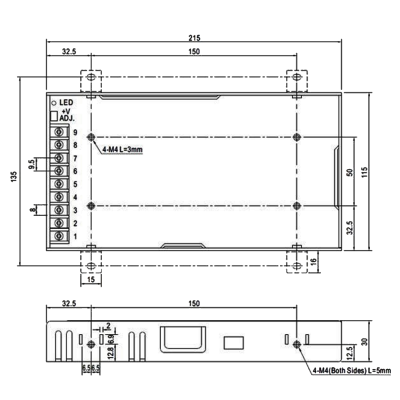 Desenho técnico de caixa eletrónica retangular com terminais numerados e dimensões.