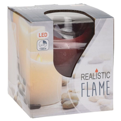 Embalagem de vela LED decorativa com chama realista em cores creme e castanho.