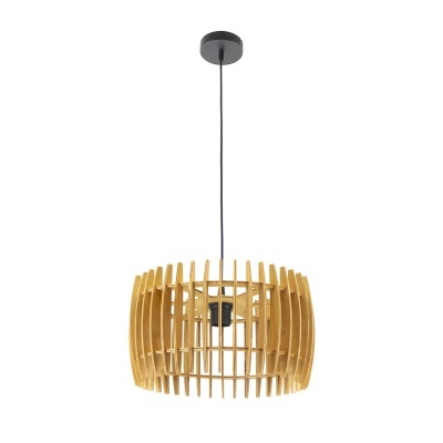 Lustre pendente de ripas de madeira clara em forma de grelha arredondada