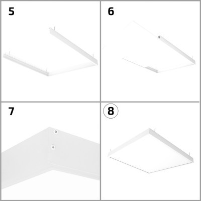 Conjunto de quatro imagens com iluminação de teto branca de formatos retangular e quadrado