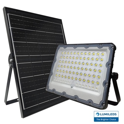 Painel solar preto e luz LED com múltiplos LEDs amarelos em suporte metálico.