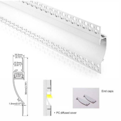 Perfil de LED de alumínio branco com capa difusora e tampas finais