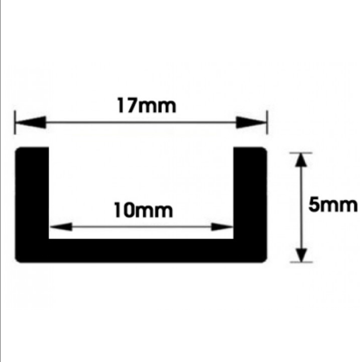 Perfil em U com dimensões 17mm largura externa, 10mm largura interna, 5mm altura