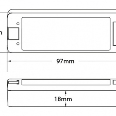 Desenho técnico de dispositivo retangular com medidas 97x33x18 mm