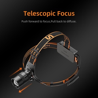 Lanterna de cabeça LED com faixas pretas e laranja e lente telescópica