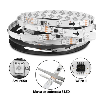 fita LED flexível branca com chips eletrónicos e instruções de corte