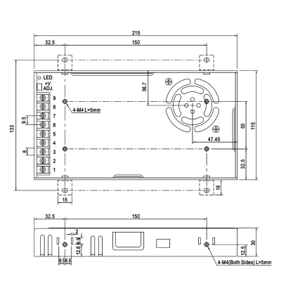 Desenho técnico preto e branco de fonte de alimentação retangular com especificações dimensionais