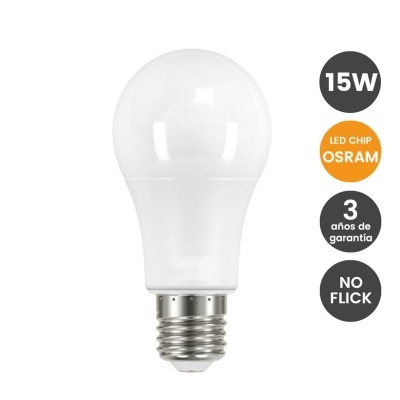 Lâmpada LED branca com base de rosca e informações de potência e garantia