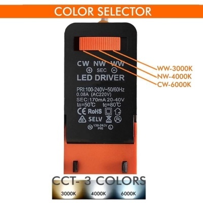 Selector de cor para driver LED em plástico preto e laranja com texto técnico e temperaturas de cor