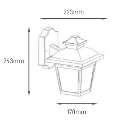 Desenho técnico de candeeiro de parede exterior com medidas