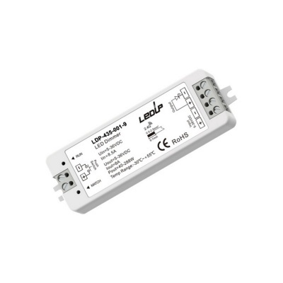 Dimmer LED branco modelo LDP-435-001-9 da LedUp com especificações técnicas impressas.