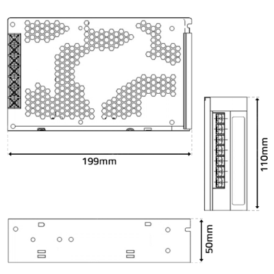 Dispositivo eletrónico retangular com tamanhos em milímetros e orifícios para ventilação e conexões