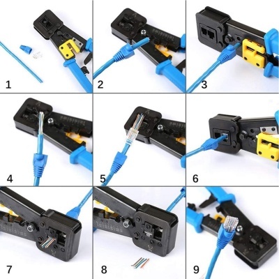 Passos para crimpagem de cabo de rede azul com alicate e conector RJ45