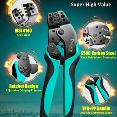 Alicate profissional de crimpar com detalhes técnicos e texto promocional