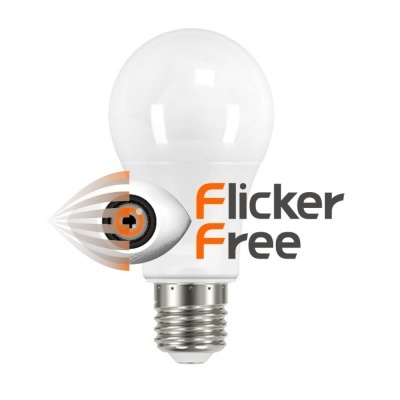 Lâmpada LED branca com base metálica e texto Flicker Free