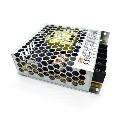 Fonte de alimentação metálica com malha hexagonal e terminais pretos