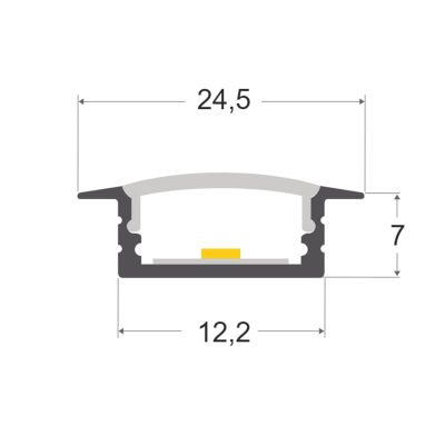 Perfil técnico de iluminação LED com dimensões em milímetros