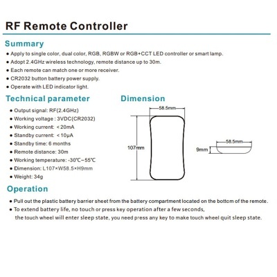 Controlador remoto RF para LED com especificações técnicas e dimensões