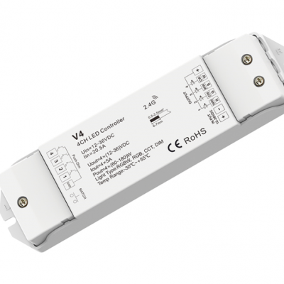 Controlador LED branco para fita com indicações técnicas e terminais de ligação