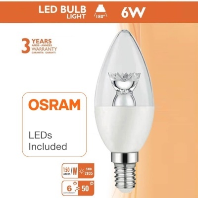 Lâmpada LED OSRAM 6W em forma de vela com embalagem branca e laranja