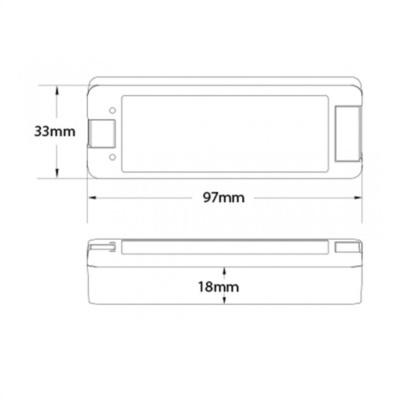 Desenho técnico de dispositivo retangular com dimensões em milímetros.