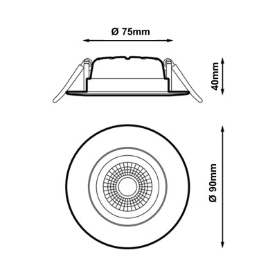 Desenho técnico de luz embutida redonda com dimensões