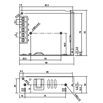 Desenho técnico de fonte de alimentação eletrônica com dimensões e conectores numerados.